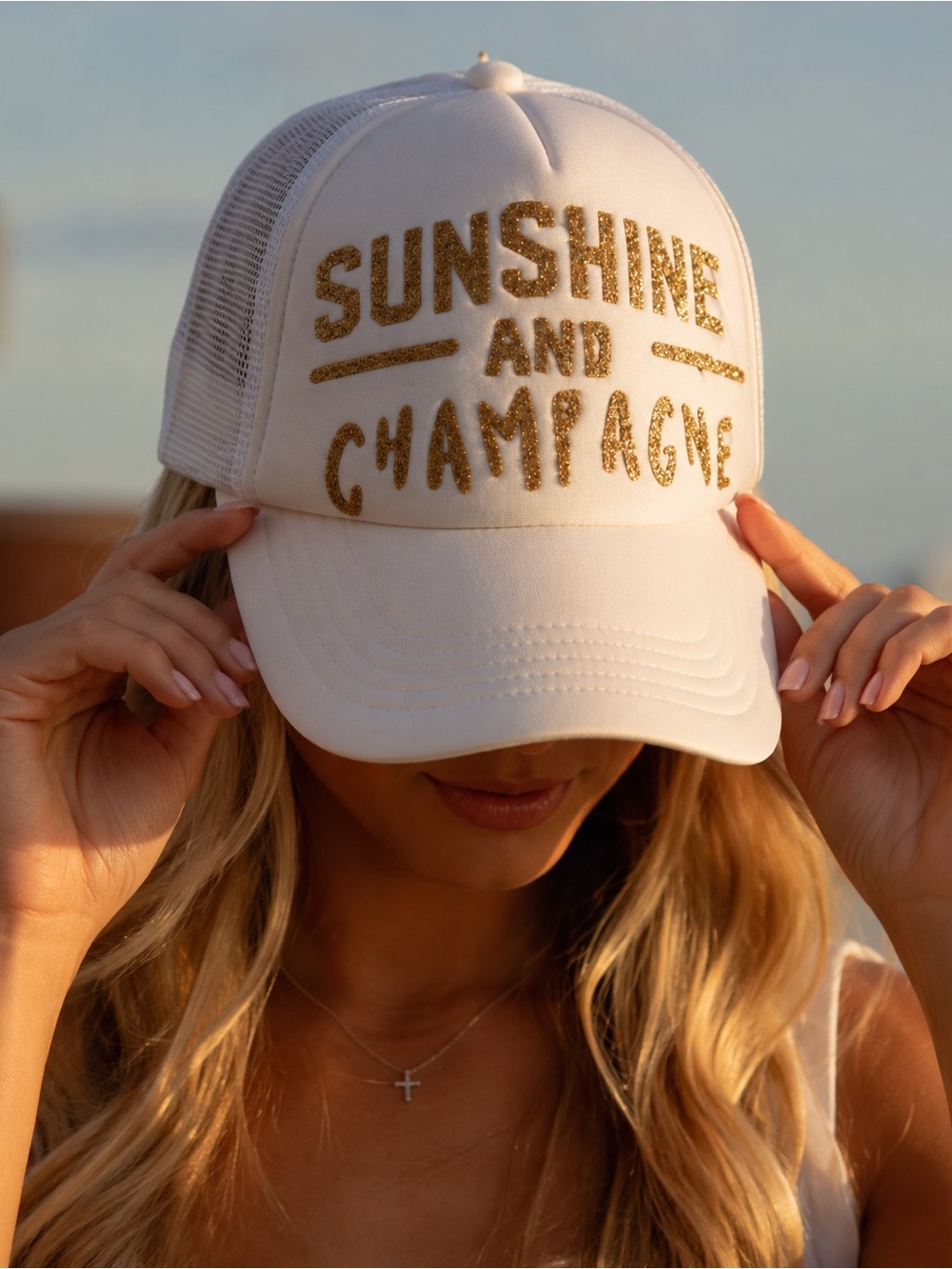 Handmade Sunset and Champagne White Trucker Hat – Gold & Champagne
